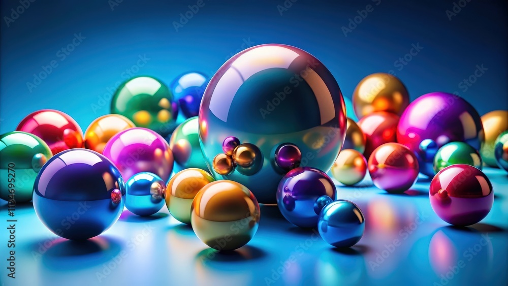 Poster A vibrant collection of glossy spheres in various colors arranged on a blue background, reflecting light and creating a visually captivating abstract composition.