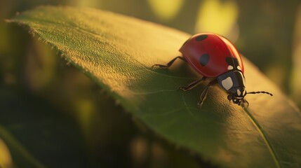 Close-up of a ladybug on a green leaf. Summer macro photo generative ai