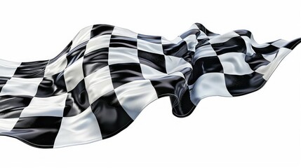 Black and white checkered flag waving in the wind isolated on white background