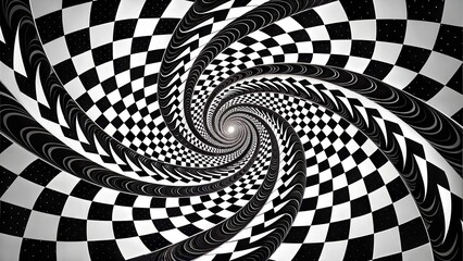 Naklejka premium Abstract black and white spiral pattern with checkered design creating a hypnotic effect