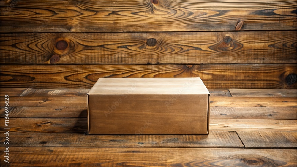 Poster A rustic wooden backdrop featuring a closed cardboard box, offering a blank canvas for product display and brand messaging.