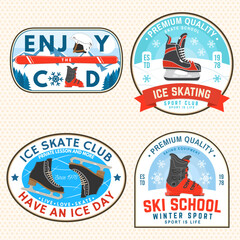 Set of ski and Ice Skate sport retro badge, textile patch. Vector shirt, print, seal or stamp with ski glasses, ski, mountain, skate, skates blades and helmet. Family vacation, activity or travel.