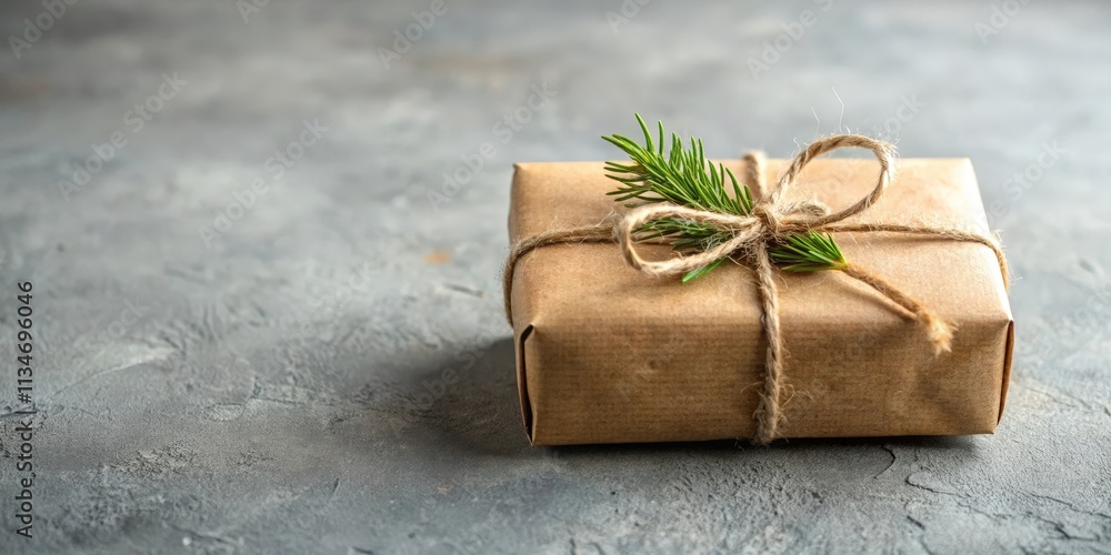 Poster a rustic brown gift box decorated with a sprig of green foliage and tied with twine on a grey concre