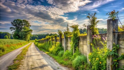 Obraz premium A quiet country road lined with lush greenery, leading towards a concrete fence overgrown with vibrant foliage and wildflowers, under a picturesque sky with fluffy white clouds