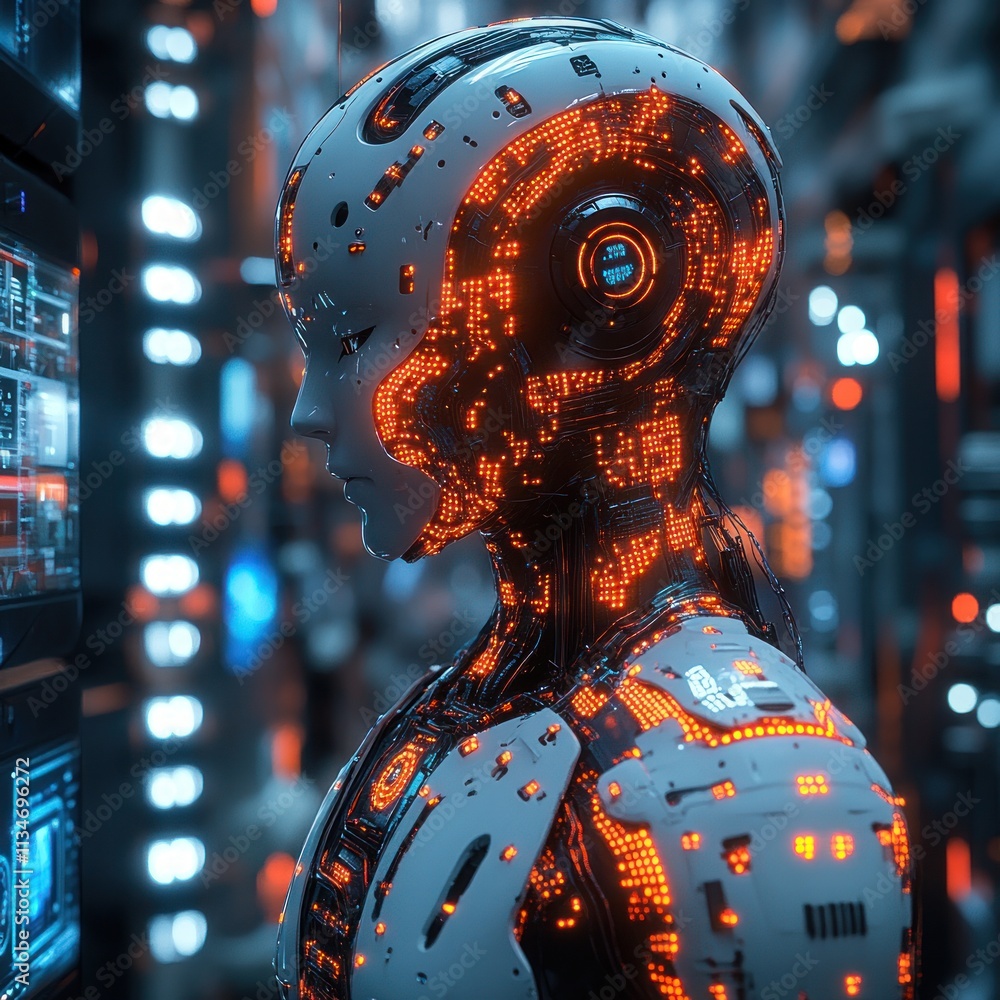 Poster a futuristic humanoid robot with glowing circuitry, set in a high-tech environment.