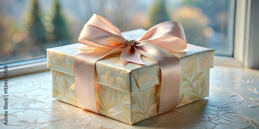 Poster A gift box with a delicate floral design and a large, blush-colored bow rests on a soft, textured surface with a blurry window in the background.