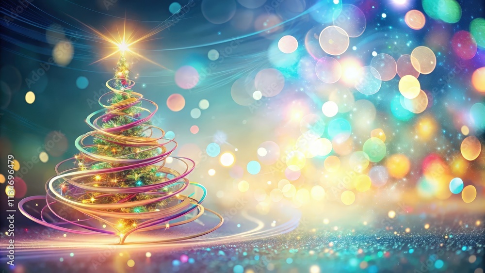Poster A festive Christmas tree adorned with shimmering ribbons and lights against a backdrop of iridescent bokeh and sparkling glitter.