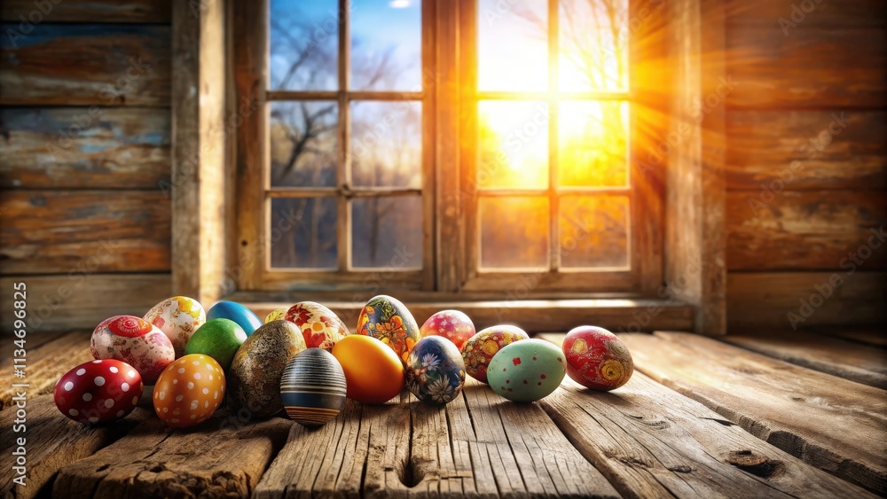 Aufkleber A rustic wooden table with a window view and colorful Easter eggs scattered across the surface.