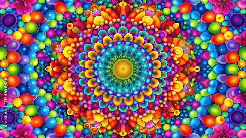 Poster Kaleidoscopic Abstract with a Centered Sun-Like Motif and a Circular Arrangement of Brightly Colored Shapes