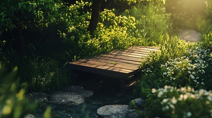Naklejka premium Wooden bridge over tranquil stream nestled in lush greenery