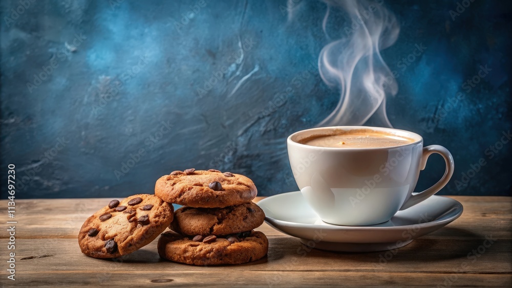 Poster a steaming cup of coffee accompanied by a stack of chocolate chip cookies on a rustic wooden table.