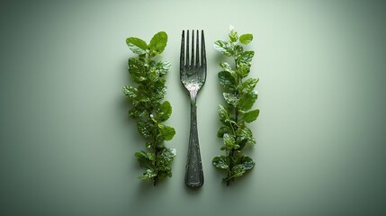 fresh logo design showcases fork surrounded vibrant green herbs symbolizing health sustainability and organic qualities ideal for food packaging and marketing.