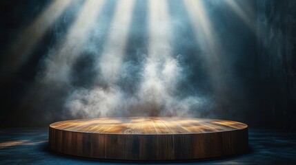 Minimalist Wooden Stage with Mist and Dramatic Light in Dark Atmosphere for Serene Presentation