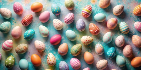 Fototapeta premium A vibrant collection of colorful Easter eggs with various patterns and designs, showcasing a delightful array of hues and textures, arranged on a textured turquoise background.