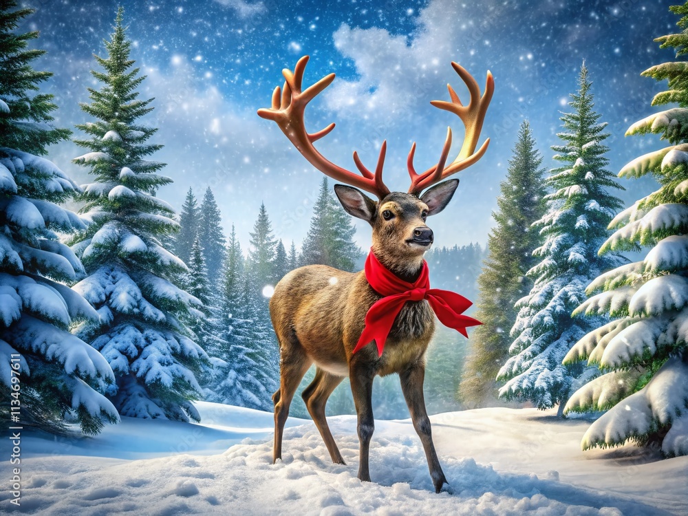 Poster a whimsical reindeer with a bright red bow and nose frolicking in a snowy winter forest, creating a 