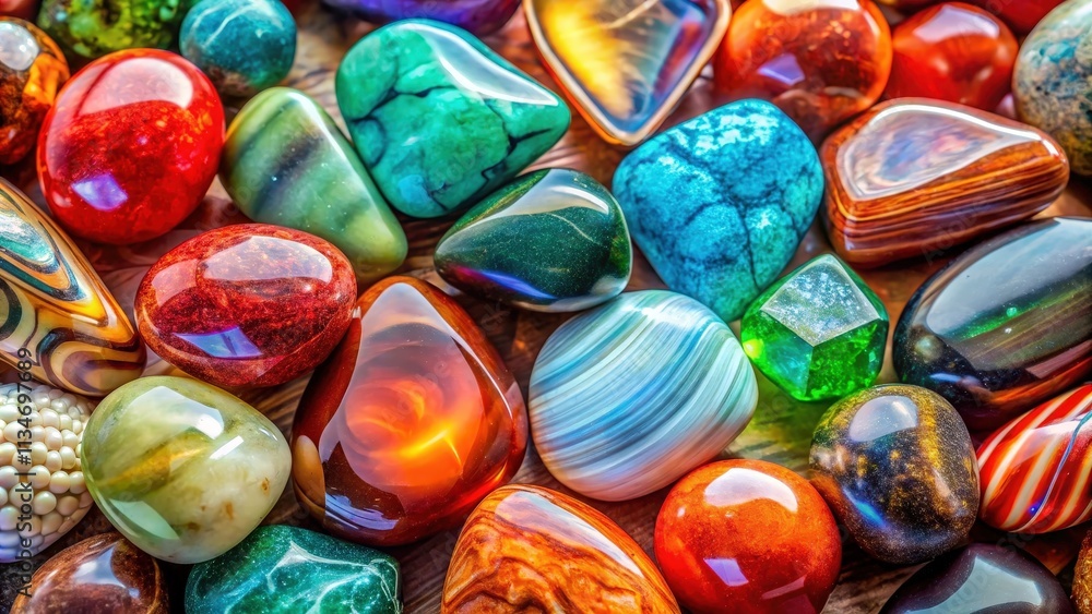 Poster a close-up view of a collection of polished gemstones, revealing the intricate patterns and vibrant 