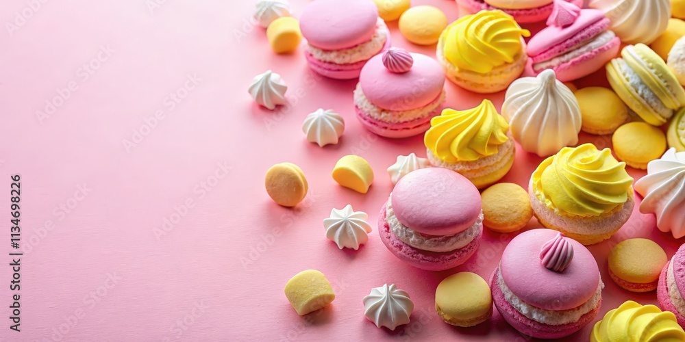 Aufkleber A delightful assortment of pastel-colored macarons and delicate meringues, arranged on a soft pink backdrop, creating a visually appealing and sweet composition.