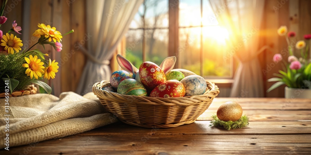 Aufkleber a basket of decorated easter eggs on a rustic wooden table, sunlight streaming through a window behi