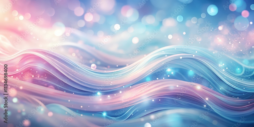 Poster abstract pastel blue and pink wavy background with shimmering lights and bokeh effect