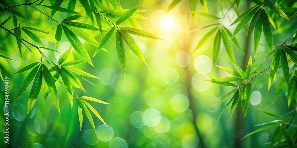 Poster a lush green bamboo grove with sunlight filtering through the leaves, creating a serene and peaceful