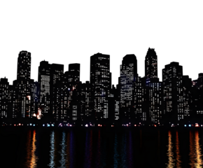 Night city skyline silhouette with lights