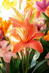 Fototapeta premium A Closeup Of A Peach Colored Lily Amongst Other Blooms