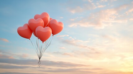 Obraz premium Valentine's day sky heart-shaped balloons create a serene romantic atmosphere aerial view
