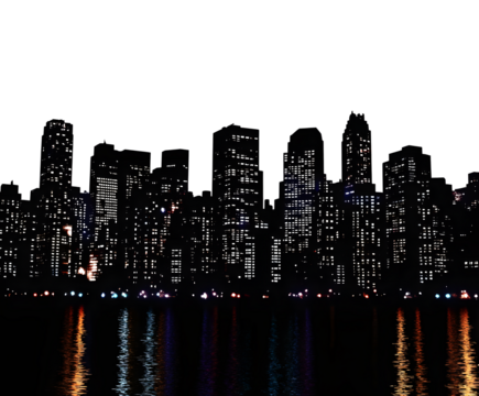 Night city skyline silhouette with lights