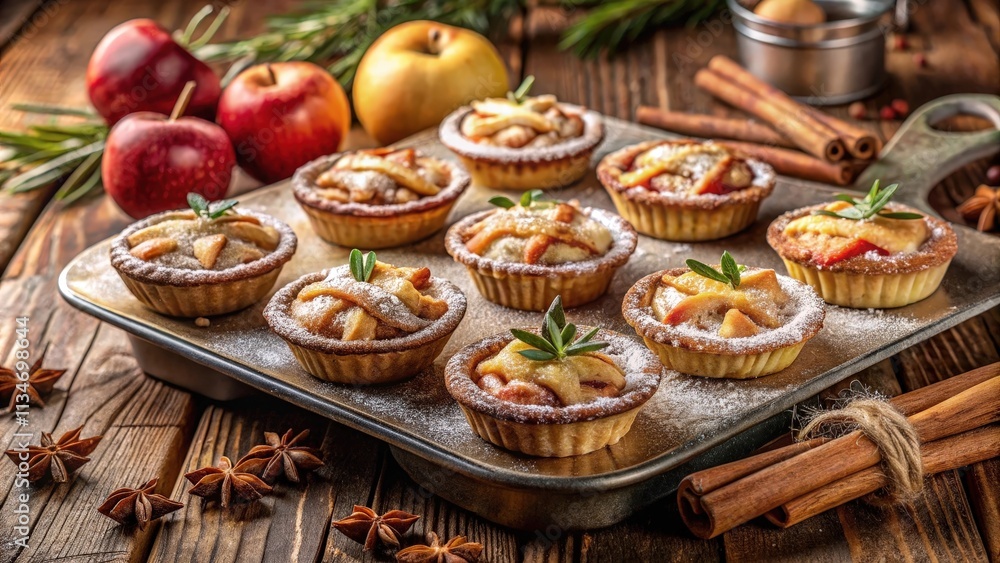 Poster a rustic arrangement of freshly baked mini apple pies dusted with powdered sugar, nestled amongst ci