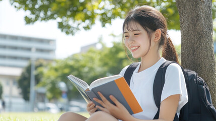 Fototapeta premium Japanese girl sitting on grass under the tree reading a book studying