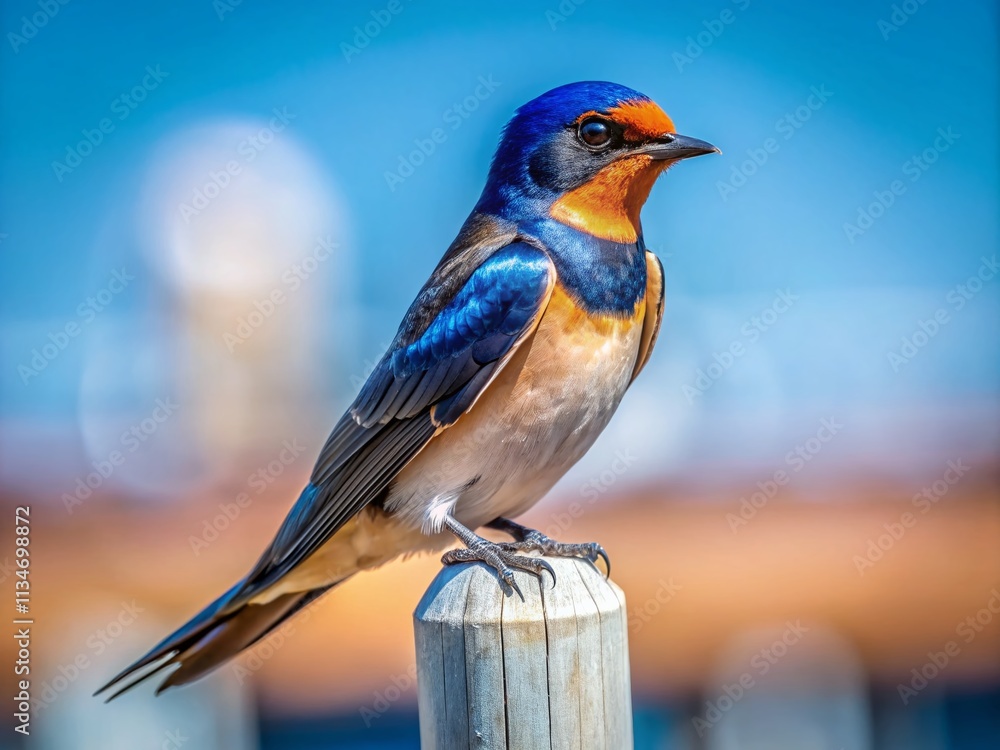 Poster barn swallow perched on a white pole in urban setting with clear sky and copy space for text or grap