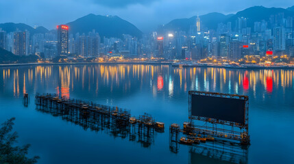 Fototapeta premium City skyline reflected in calm water at dusk, featuring a large, dark screen on a floating platform.