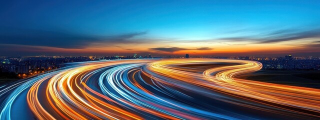 Light trails forming a digital network globe, global innovation