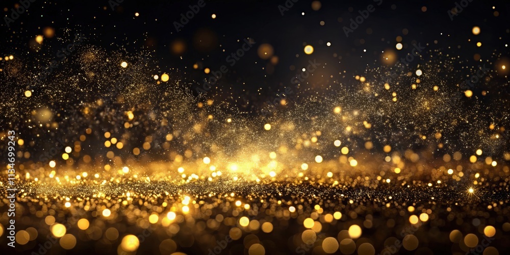 Poster a mesmerizing display of golden glitter against a dark backdrop, creating a sparkling and ethereal a