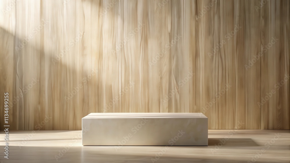 Aufkleber a minimalist display featuring a rectangular platform in front of a textured wooden background with 