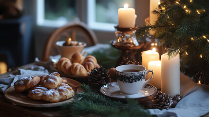  A hygge-inspired table setup with warm pastries, tea, and a centerpiece of candles and pinecones 