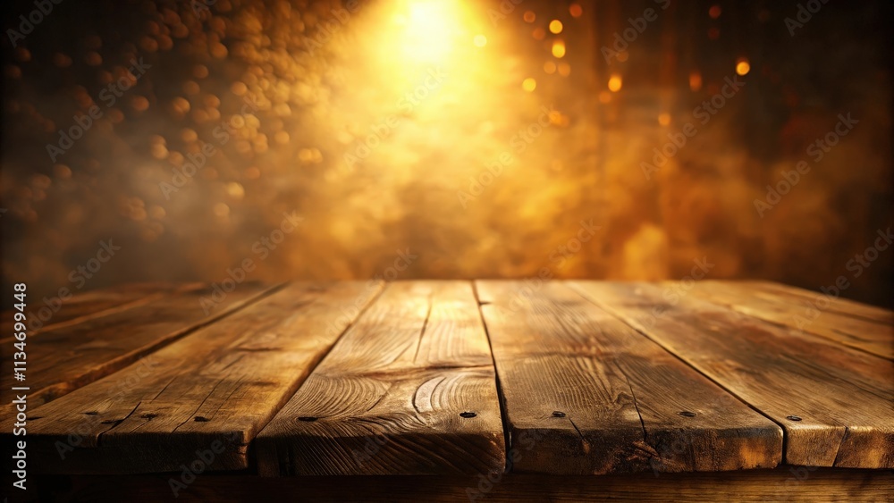 Aufkleber rustic wooden tabletop with a soft golden bokeh background