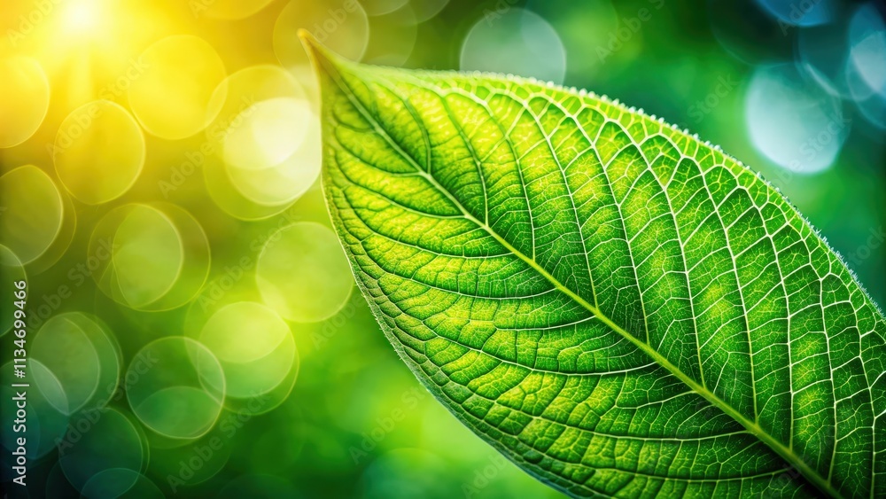 Poster a vibrant green leaf, illuminated by the sun's rays, showcases intricate veins and a delicate textur