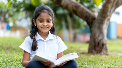Fototapeta premium Indian girl sitting on grass under the tree reading a book studying