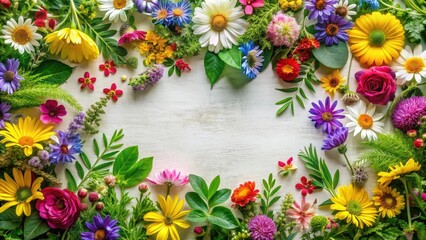 A vibrant floral border of daisies, roses, and wildflowers arranged on a light wooden surface