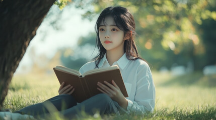 Obraz premium Korean girl sitting on grass under the tree reading a book studying