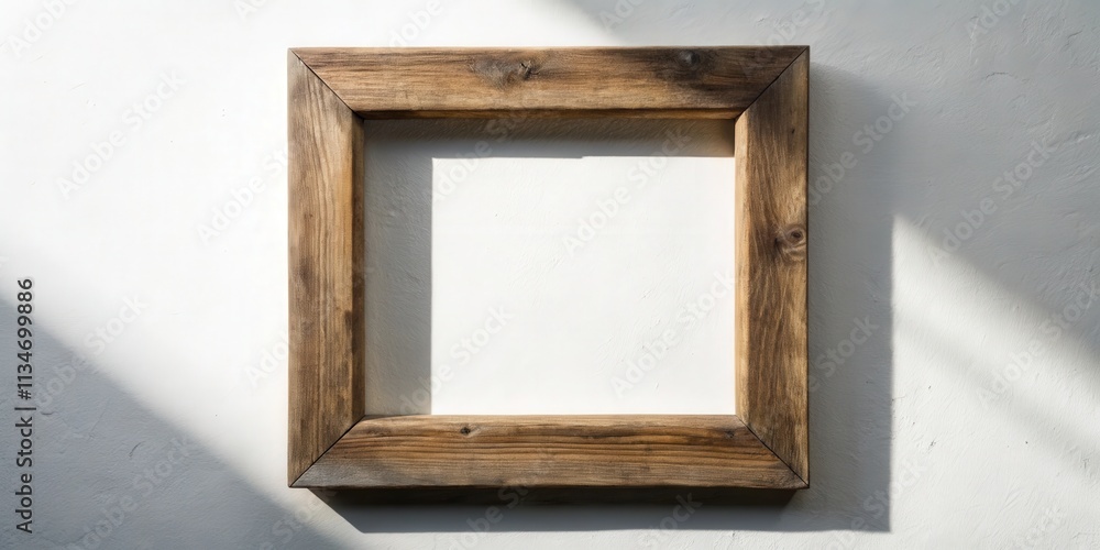 Poster A rustic wooden frame hangs on a white wall, illuminated by a beam of sunlight, casting a shadow on the surface, creating a minimalist, clean background for display.