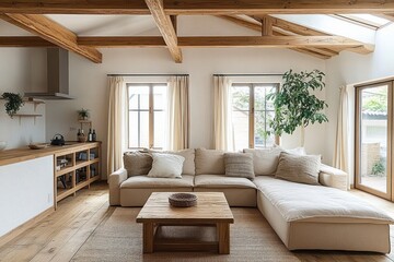 Fototapeta premium Spacious Modern Living Room and Kitchen with Scandinavian Design and Natural Light