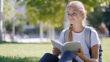 Obraz premium Caucasian girl sitting on grass under the tree reading a book studying