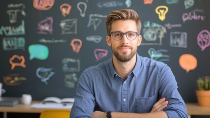 Startup founder presenting a glowing concept map, creative innovation