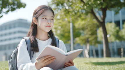 Fototapeta premium Korean girl sitting on grass under the tree reading a book studying