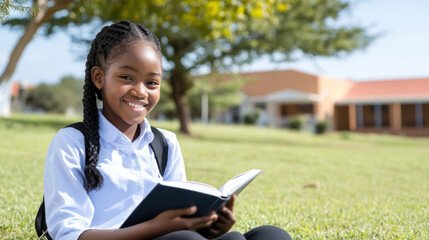 Fototapeta premium Black girl sitting on grass under the tree reading a book studying