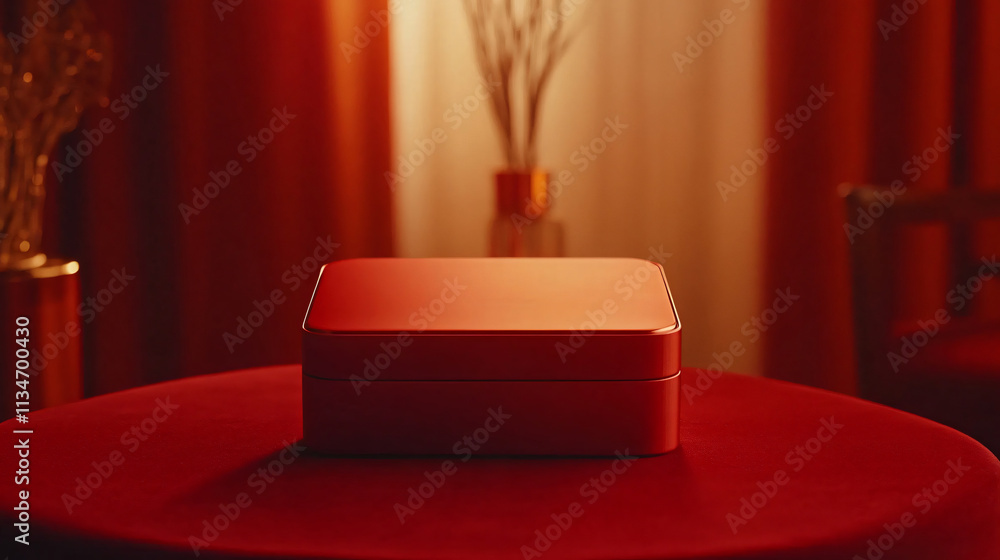 Poster a mysterious red box sits on a round table, illuminated by soft lighting, creating a warm and inviti