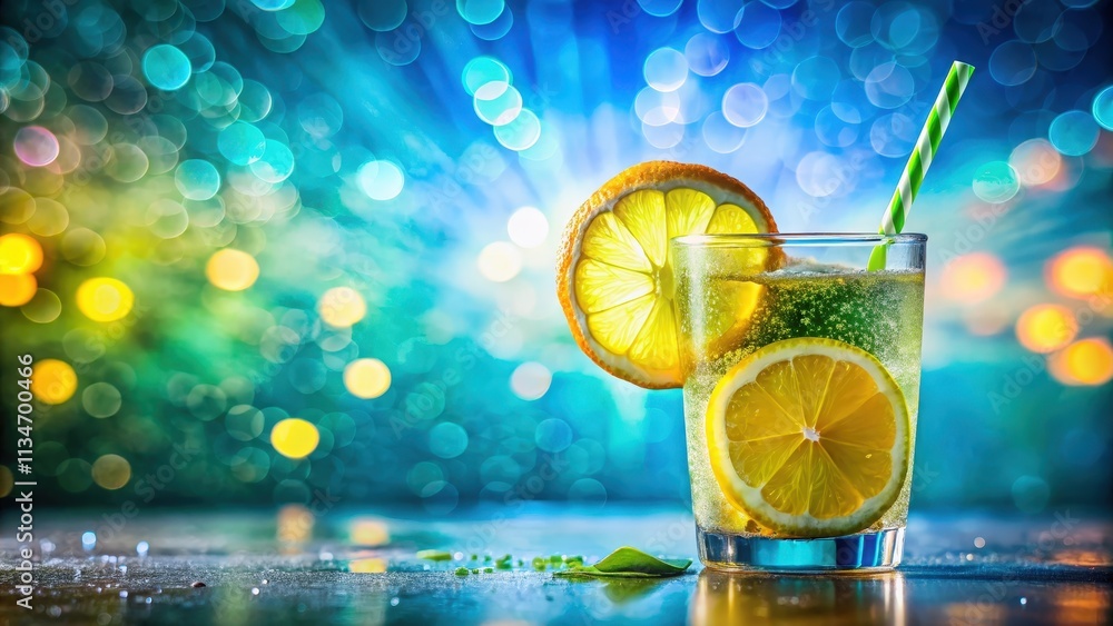 Poster A refreshing lemon and lime beverage with a green striped straw against a backdrop of sparkling blue and green bokeh