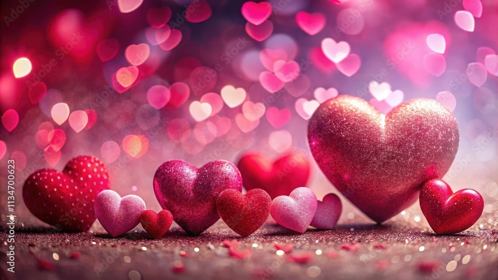 Poster a romantic setting with sparkling hearts on a glitter-covered surface, surrounded by a blur of pink 